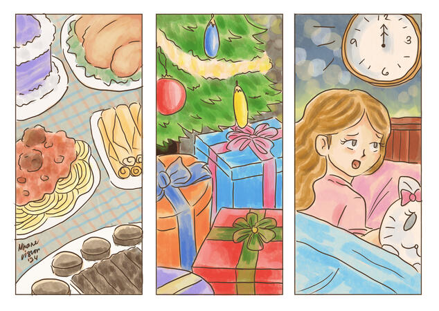 A three panel illustration depicting childhood Christmas.